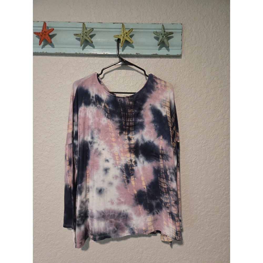 Oddy Womens Tie Dye Long Sleeve Top Purple Blue Oversized Rayon Blend S/M T63786